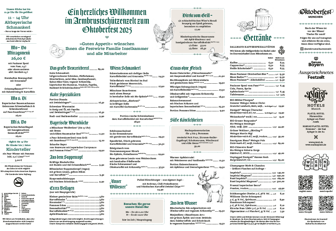 Das ist die Speisekarte vom Armbrustschützenzelt in deutscher Sprache